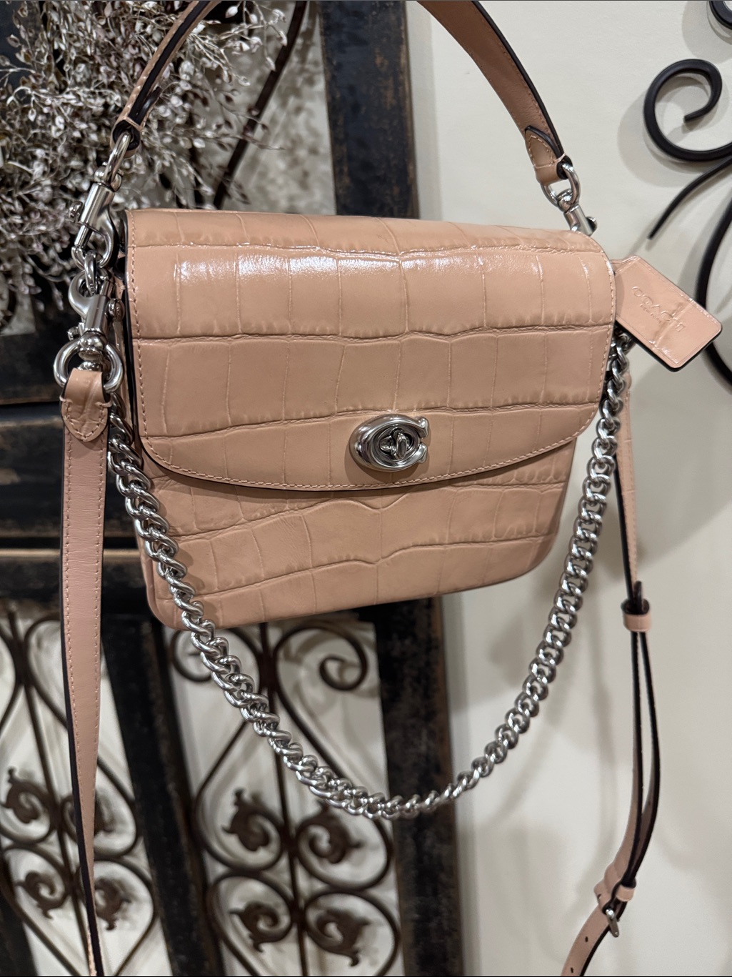 Coach Cassie Croc-Embossed Leather Crossbody With Silver Chain